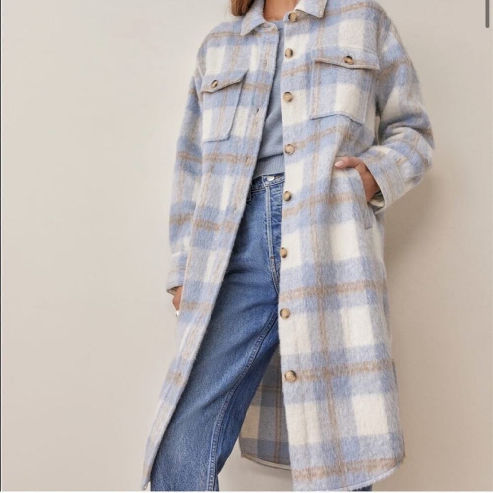 Reformation Ainslie Button Up Flannel Oversized Jacket Light Blue White Plaid L